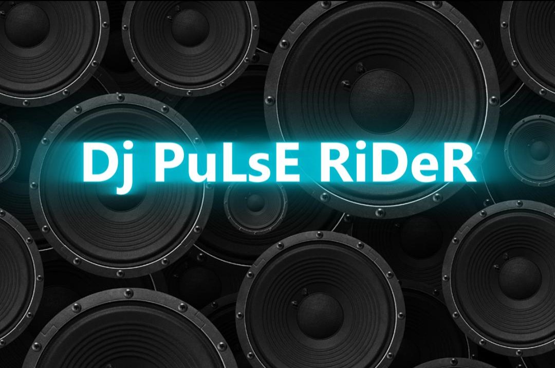 DJ Pulse Rider in glowing turquoise lettering over black speakers